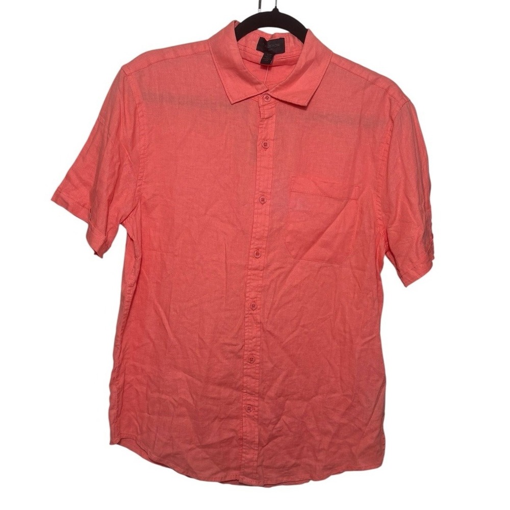 Magaschoni Man Linens Blend Short Sleeve Button Up Size Small‎ Coral